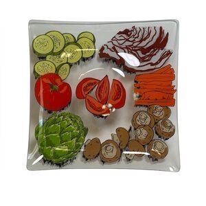 ELAINE Signed Mid Century Modern Colorful Vegetable Design Square Platter